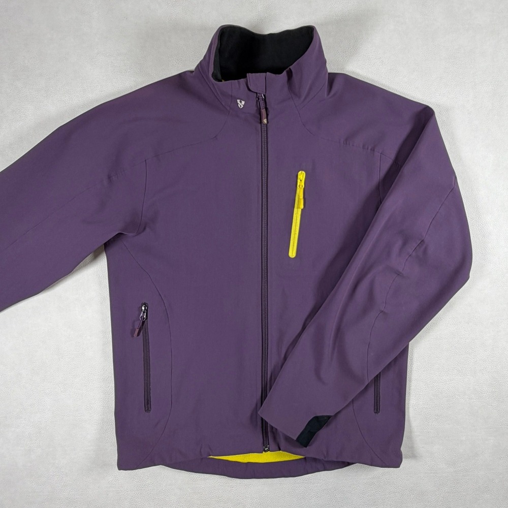 Stoic Mens Medium Softshell Jacket Purple Yellow Fleece Lined Full Zip